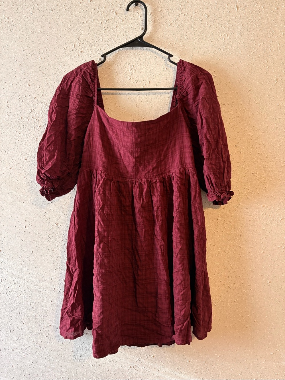 Windsor Burgundy Square-Neck Puff Sleeve Tunic Mini Dress